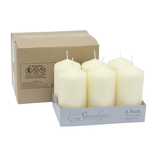 Stonebriar 6 Pack Tall 3 x 6 Inch 65 Hour Long Burning Unscented Ivory Wax Pillar Candles