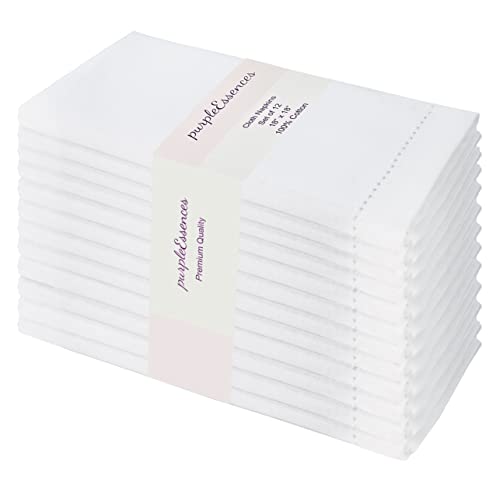 PurpleEssences Set of 12 Hemstitch Cloth Dinner Napkins 100% Cotton - Soft Durable Washable -Ideal for Wedding Fall Thanksgiving and Christmas - Perfect Everyday Use Table Linen 18x18 - White