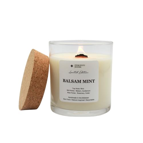 PERIPETI Home Balsam Mint Scented Candle, Wooden Wick – 8.5oz Natural Soy Wax for Energizing Aromatherapy, Long-Lasting Burn with a Cozy Holiday Scent
