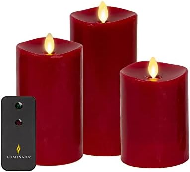 Luminara Realistic Artificial Moving Flame Pillar Candles - Set of 3 - Melted Top Edge, LED Battery Operated Lights - Unscented - Remote Included- 3" x 4.5", 3" x 5.5", 3" x 6.5" (Ivory)
