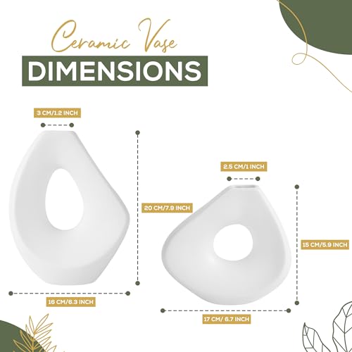 White Donut Vase Set of 2 - Circle Vase for Pampas Grass & Artificial Plants - Minimalist Living Room Decor - Handmade Ceramic Vase - Modern Aesthetic Circle Vase for Bohemian Room Decor