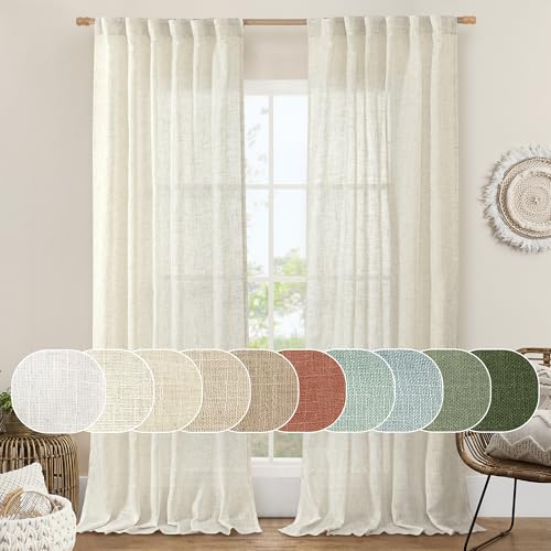 LAMIT Natural Ivory Semi Sheer Linen Curtains 84 inch Long 2 Panels, Cream White Light Filtering Living Room Panels Back Tab and Rod Pocket Neutral Drapes for Bedroom/Farmhouse, 52 x 84 Inch