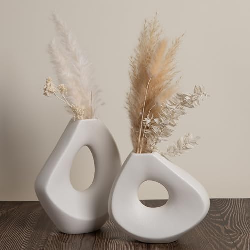 White Donut Vase Set of 2 - Circle Vase for Pampas Grass & Artificial Plants - Minimalist Living Room Decor - Handmade Ceramic Vase - Modern Aesthetic Circle Vase for Bohemian Room Decor