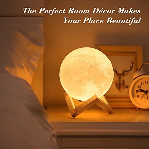 Mydethun 3D Moon Lamp with 5.9 Inch Wooden Base - Christmas Day Gift, LED Night Light, Mood Lighting with Touch Control Brightness for Home Décor, Bedroom, Women Kids Moonlight - White & Yellow