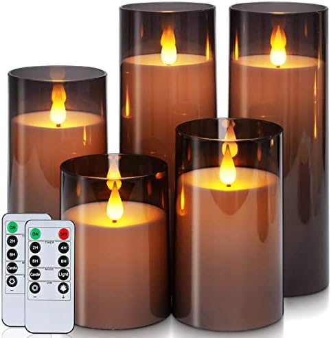 Homemory Gray Flickering Flameless Candles, Battery Operated Acrylic LED Pillar Candles with Remote Control and Timer, Set of 5