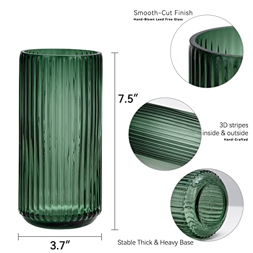 Flower Vase 7.5 inch Green Thickened Glass Vase for Bookshelf,Dinner Table,Indoor Office Desktop,Meeting Room,Bathroom,Countertop,Home Christmas Day Decoration
