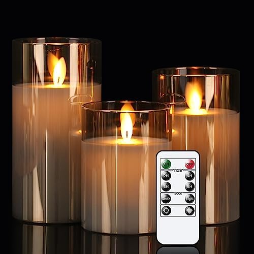 GenSwin Gray Glass Battery Operated Flameless Led Candles with 10-Key Remote and Timer, Real Wax Candles Warm White Flickering Light for Home Decoration(Set of 3)