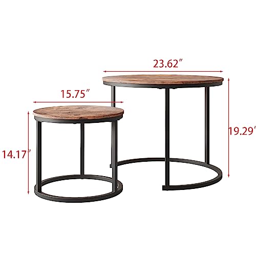 HOJINLINERO Round Coffee Table Set of 2 for Living Room,Black Small Coffee Table Living Room Table,Nesting Tables Metal Frame/Wood,Sturdy/Easy Assembly,Stacking Side Tables Bedroom,Rustic Brown