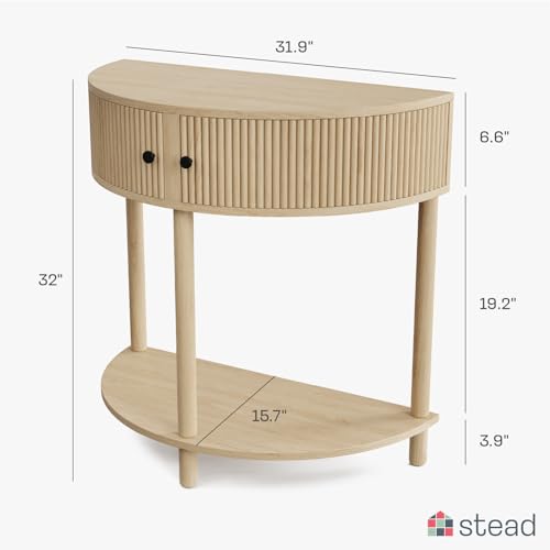 Fluted Half Moon Console Table - Small Entry Table - Living Room Furniture - Modern Home Decor - Solid Wood Entryway Table with Two Doors and Black Knobs (Natural Oak)