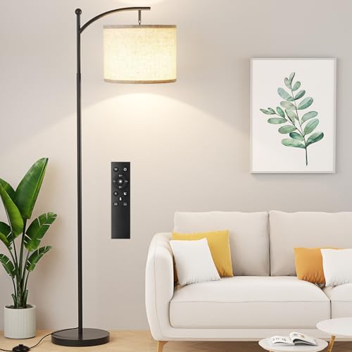 Ambimall 60" Floor Lamp with Remote Control and Stepless Dimmable Bulb, Colors Temperature & Brightness Adjustable, Modern Floor Lamps for Living Room(Beige Shade & Black Pole)