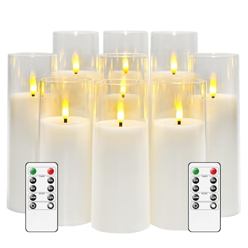 Flickering Flameless Candles Battery Operated with Remote and 2/4/6/8 H Timer Plexiglass Led Pillar Candles Pack of 9 (D2.3"xH 5"6"7")with Realistic Moving Wick Candles for Home Decor(White)