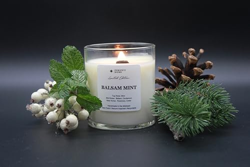 PERIPETI Home Balsam Mint Scented Candle, Wooden Wick – 8.5oz Natural Soy Wax for Energizing Aromatherapy, Long-Lasting Burn with a Cozy Holiday Scent