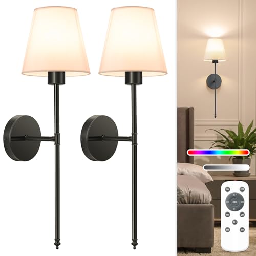 NIORSUN Battery Operated Wall Sconce Set of 2,Black Rechargeable Wall Lights with 5200mAh Dimmable Detachable Bulbs and Remote, 10 Colors Wireless Sconces for Bedroom Living Room Hallway