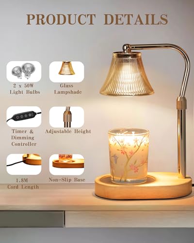 Candle Warmer Lamp, Candle Lamp Warmer with Timer & Dimmer, Adjustable Height, with 2 Bulbs, House Warming Home Bedroom Decor Birthday Gifts for Women Mom