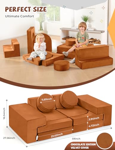 Modular Kids Play Couch, K12 320+DIY Convertible Foam Play Couch for Boys & Girls, Versatile Kids Play Couch Building Fort, Child Sectional Kids Sofa Couch for Playroom Bedroom (Chocolate)