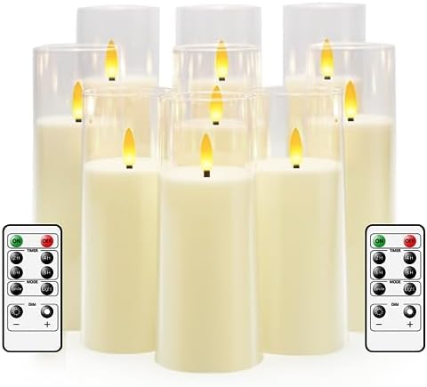 Flickering Flameless Candles Battery Operated with Remote and 2/4/6/8 H Timer Plexiglass Led Pillar Candles Pack of 9 (D2.3"xH 5"6"7")with Realistic Moving Wick Candles for Home Decor(White)