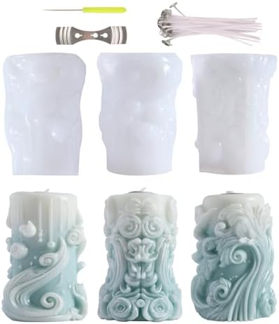 Roma Pillar Silicone Candle Mold with Wick Pin and 50 Wicks Epoxy Resin Wax Mold Silicone Shapes Taper Mold for Candle Craft Making Christmas Gift Decoration
