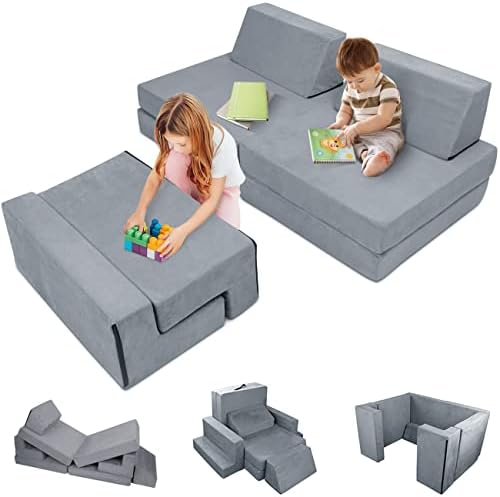 7PCS Kids Play Couch, 2024 Premium Modular Kids Play Couch for Toddler Child, Kid Foam Sofa for Bedroom Playroom Toyroom, Prefect Gift for Creative Girls & Boys, Grey