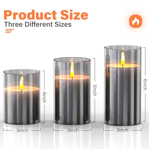 TJOY Flameless Candle Lights, Battery Operated Glass LED Fake Candles with Remote Control and Timer, Real Wax Grey Pillar Candles, Flickering Light for Festival Home Decor, Party, Wedding(Set of 3)