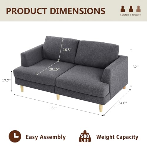 Loveseat Sofa with Deep Seats, 65" Small Couches for Small Spaces Love Seat with 2-Seat Upholstered Cushion, Mid Century Modern Sofa Couches for Living Room, Bedroom, Apartment, Dark Grey