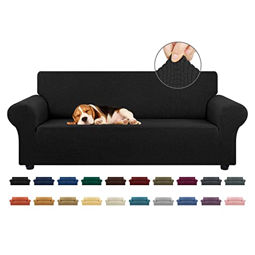 KEKUOU Stretch Sofa Cover Slipcover ,Couch Covers for 3 Cushion Couch Sofa pet Friendly (79"-94") Furniture Protector Sofa with Elastic Bottom for Kids,Dog, Jacquard Small Checked(Large,Black)