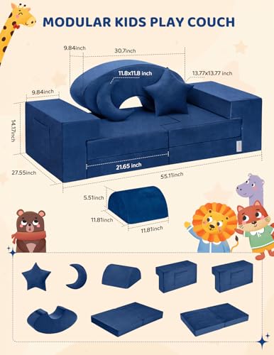 Modular Kids Play Couch, Kidirect K12 PRO DIY 400+ Creative Kids Couch for Playroom, Upgraded Play Couch Convertible Rocking Horse, Sectional Kids Sofa Couch with Star Moon for Kids and Toddlers(Blue)