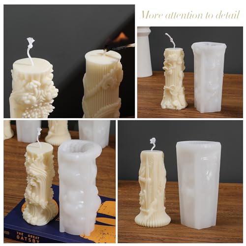 Roma Pillar Silicone Candle Mold with Wick Pin and 50 Wicks Epoxy Resin Wax Mold Silicone Shapes Taper Mold for Candle Craft Making Christmas Gift Decoration