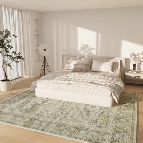 8x10 Area Rugs Washable Rug: Large Living Room Rug Stain Resistant Distressed Vintage Boho Area Rug Non Slip Low Pile Faux Wool Soft Rug for Bedroom Bedside Indoor Kids Playroom Farmhouse Dining Room