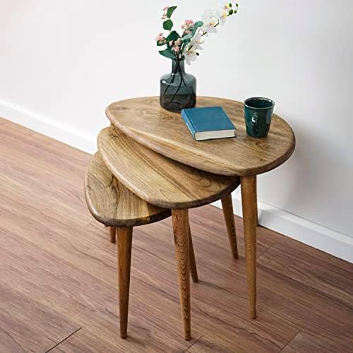 Solid Nesting Table Set of 3- Oak Mid Century Pebble Tables with Tapered Legs – Wooden Home Furniture in a Retro Style - Oak