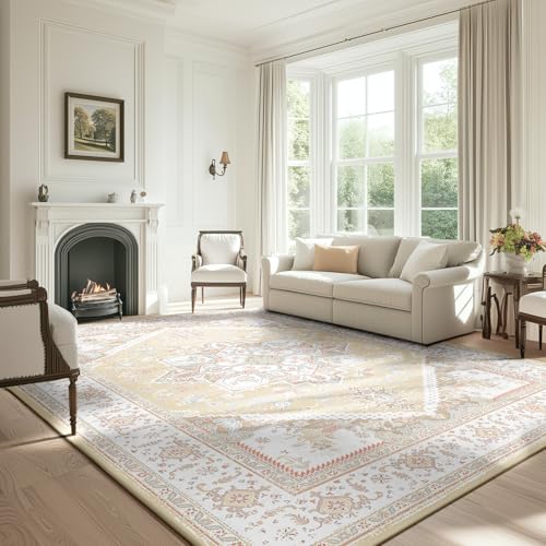 BESTSWEETIE Area Rug 8x10 for Living Room, Washable Rug 8x10, Non Slip Water Repellent Floor Carpet, Low Pile Soft Vintage Rug for Bedroom Dining Room Indoor-Cream/Light Yellow/Brown/Blue/Pink/Pink