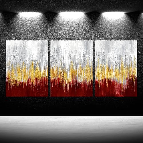 iKNOW FOTO 3 Pieces Dark Red and Gold Abstract Canvas Wall Art Modern Gold Foil Grey Artwork Luxury Painting Printed on Canvas for Walls Guest Room Girls Gifts Decor Each Size 12x16 Inches (Red)