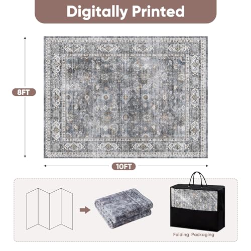 8x10 Rug Washable Boho Rug Soft Large Area Rug Non-Slip Non-Shedding Faux Wool Vintage Rug for Living Room, Farmhouse, Dining Room, Indoor, Kids Playroom (Grey and Brown)