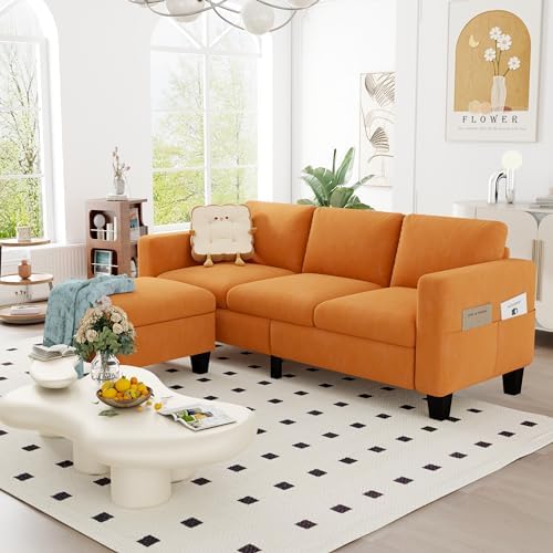 ZeeFu Convertible Sectional Sofa Couch,Classic 3 Seat L-Shaped Sofa with Movable Ottoman, Modern Mocha Brown Velvet Linen Upholstered Small Sectional Sofa Couch for Small Apartment Living Room Office