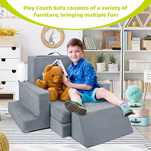 7PCS Kids Play Couch, 2024 Premium Modular Kids Play Couch for Toddler Child, Kid Foam Sofa for Bedroom Playroom Toyroom, Prefect Gift for Creative Girls & Boys, Grey