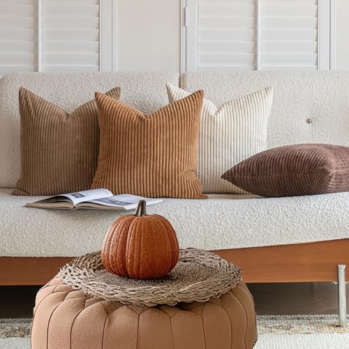 LANANAS Neutral Couch Throw Pillow Covers 18x18 Inch Set of 4 Decorative Farmhouse Boho Throw Pillows for Living Room, Couch, Bed, Sofa Soft Corduroy Accent Home Decor (Neutral Brown, 18x18 Inch)