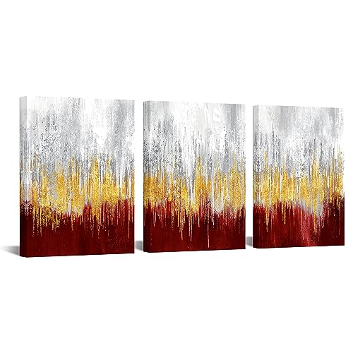 iKNOW FOTO 3 Pieces Dark Red and Gold Abstract Canvas Wall Art Modern Gold Foil Grey Artwork Luxury Painting Printed on Canvas for Walls Guest Room Girls Gifts Decor Each Size 12x16 Inches (Red)