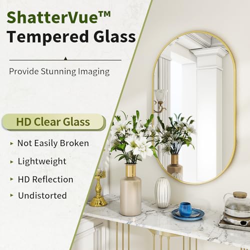 BEAUTYPEAK Wall Mounted Mirror, 17"x30" Oval Bathroom Mirror, Gold Vanity Wall Mirror w/Metal Frame for Vertical & Horizontal Hang, Ideal for Bedroom, Entryway, Living Room