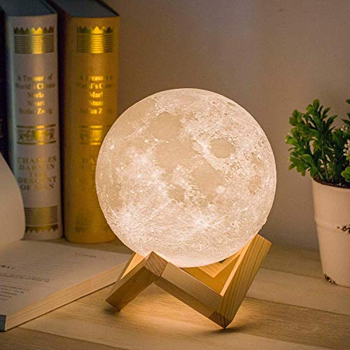 Mydethun 3D Moon Lamp with 5.9 Inch Wooden Base - Christmas Day Gift, LED Night Light, Mood Lighting with Touch Control Brightness for Home Décor, Bedroom, Women Kids Moonlight - White & Yellow