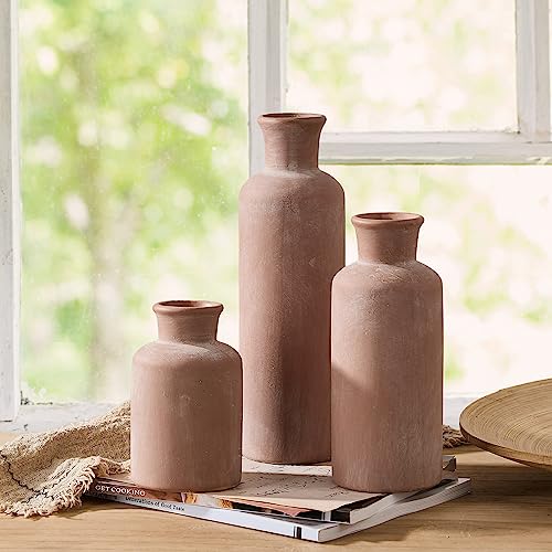 LUKA Ceramic Rustic Farmhouse Vase,Terracotta Vases for Decor,Vase Set of 3,Vase for Your Bedroom,Office,Living Room,Fireplace,Bookshelf Decor,Housewarming 10+7.5+5 Inch