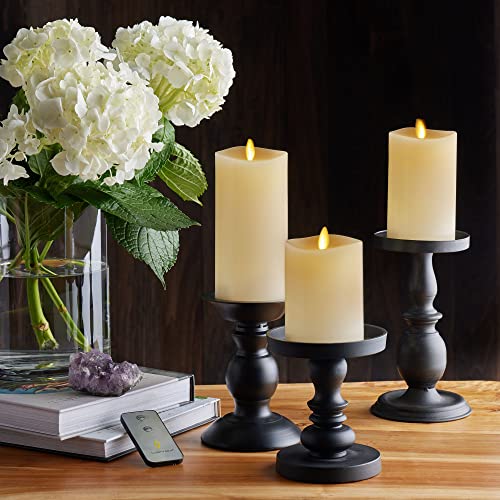 Luminara Realistic Artificial Moving Flame Pillar Candles - Set of 3 - Melted Top Edge, LED Battery Operated Lights - Unscented - Remote Included- 3" x 4.5", 3" x 5.5", 3" x 6.5" (Ivory)