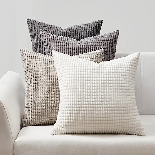 Topfinel Grey Couch Pillow Covers for Living Room 45x45 cm Set of 4,Mid Century Modern White Neutral Corduroy Corn Throw Pillows,Rustic Square Bench Chair Cushion(18 Inch/Dark Gray)
