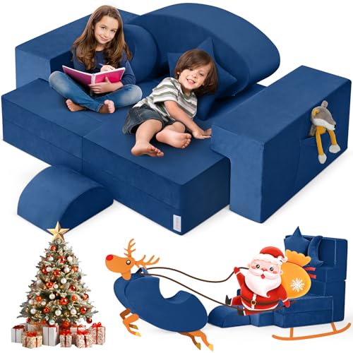 Modular Kids Play Couch, Kidirect K12 PRO DIY 400+ Creative Kids Couch for Playroom, Upgraded Play Couch Convertible Rocking Horse, Sectional Kids Sofa Couch with Star Moon for Kids and Toddlers(Blue)