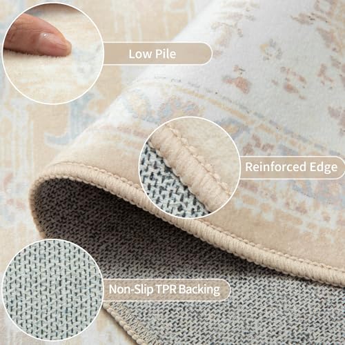 BESTSWEETIE Area Rug 8x10 for Living Room, Washable Rug 8x10, Non Slip Water Repellent Floor Carpet, Low Pile Soft Vintage Rug for Bedroom Dining Room Indoor-Cream/Light Yellow/Brown/Blue/Pink/Pink