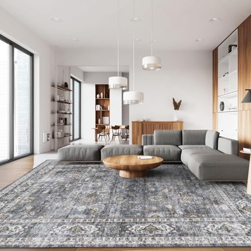 8x10 Rug Washable Boho Rug Soft Large Area Rug Non-Slip Non-Shedding Faux Wool Vintage Rug for Living Room, Farmhouse, Dining Room, Indoor, Kids Playroom (Grey and Brown)