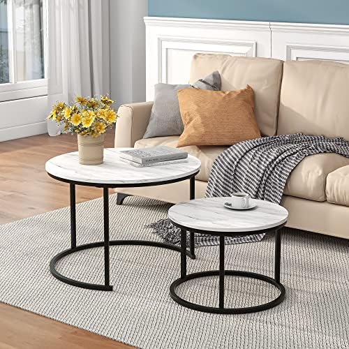 HOJINLINERO Round Coffee Table Set of 2 for Living Room,Black Small Coffee Table Living Room Table,Nesting Tables Metal Frame/Wood,Sturdy/Easy Assembly,Stacking Side Tables Bedroom,Rustic Brown