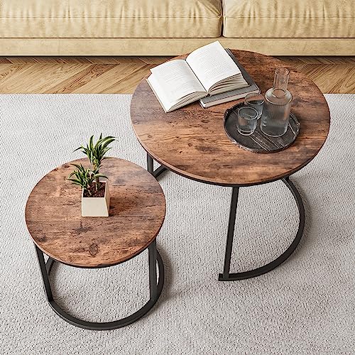 HOJINLINERO Round Coffee Table Set of 2 for Living Room,Black Small Coffee Table Living Room Table,Nesting Tables Metal Frame/Wood,Sturdy/Easy Assembly,Stacking Side Tables Bedroom,Rustic Brown