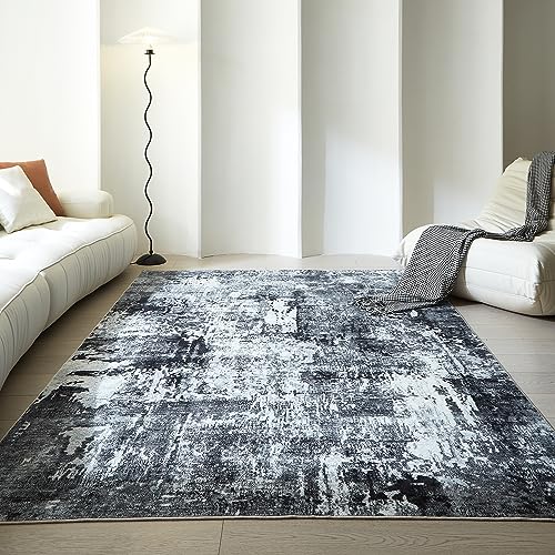 Area Rug 5x7 Washable Rug Boho Soft Abstract Pattern Non-Slip Faux Wool Vintage Rug for Living Room, Bedroom Rug, Farmhouse, Dining Room, Kids Playroom, Grey and Black