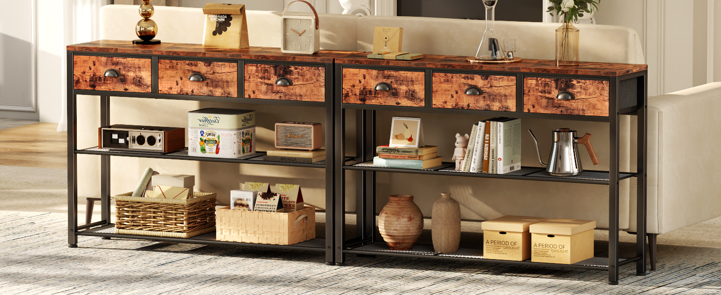 Furologee Entryway Table, 38'' Console Sofa Table with 3 Fabric Drawers, Industrial Entry Way Table with Storage Shelves, Display Shelf for Living Room, Hallway, Entrance, Foyer, Rustic Brown