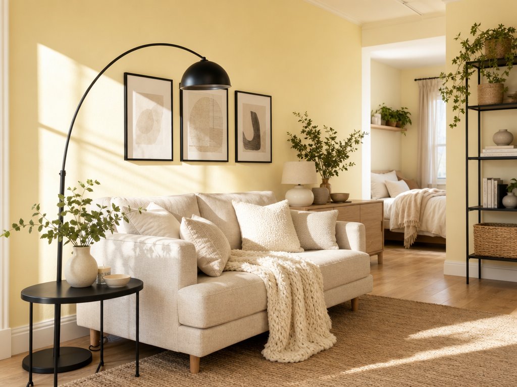 Sunlit small apartment living room with a butter-yellow wall, a cream sofa, an arched black floor lamp and a bedroom nook beyond