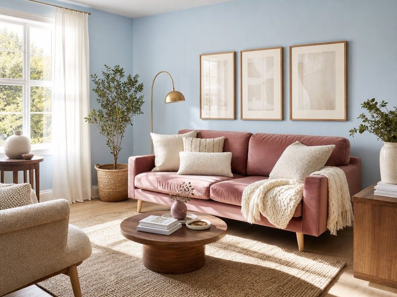 Small living room with a powder blue wall, a dusty rose velvet sofa, a round walnut coffee table and an ivory boucle chair in sunlight